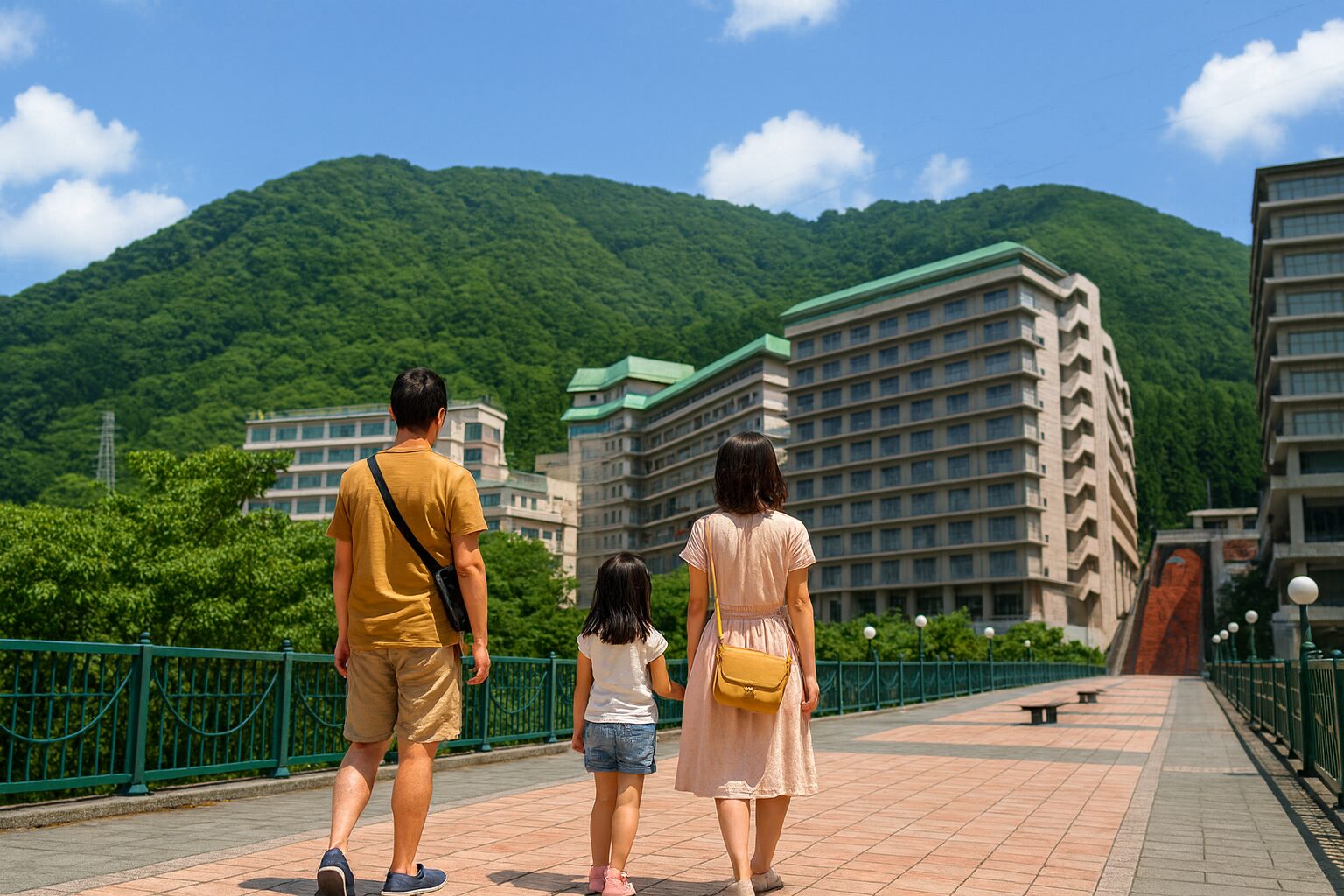 鬼怒川温泉の大型ホテルを背景に、父親・母親・子どもの3人家族が並んで歩く後ろ姿。夏の青空と緑豊かな山々に囲まれた観光地で、旅行や温泉宿泊を楽しむ雰囲気が伝わる風景。