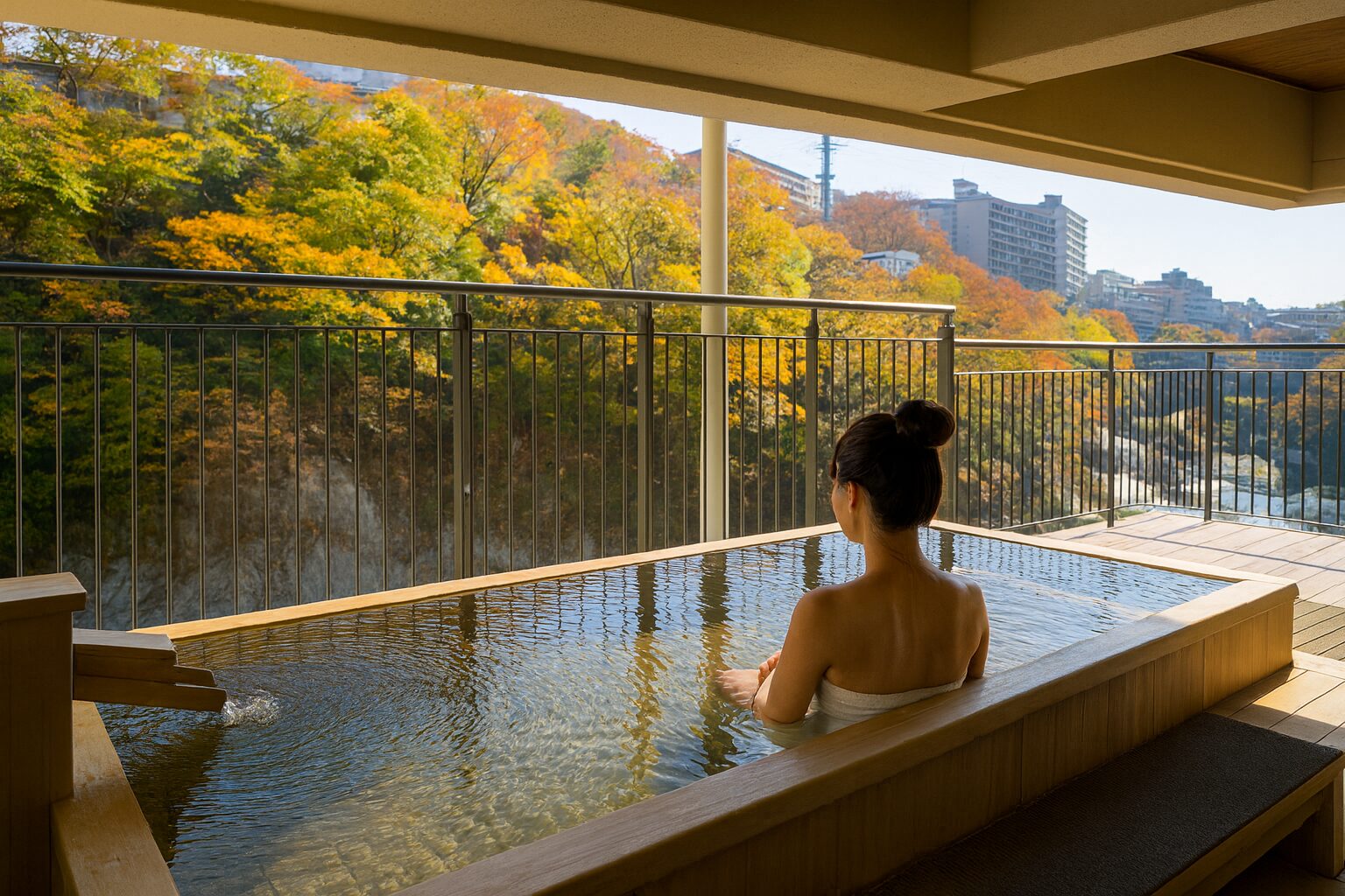 自然と一体化した絶景露天風呂、鬼怒川渓谷と紅葉の眺め