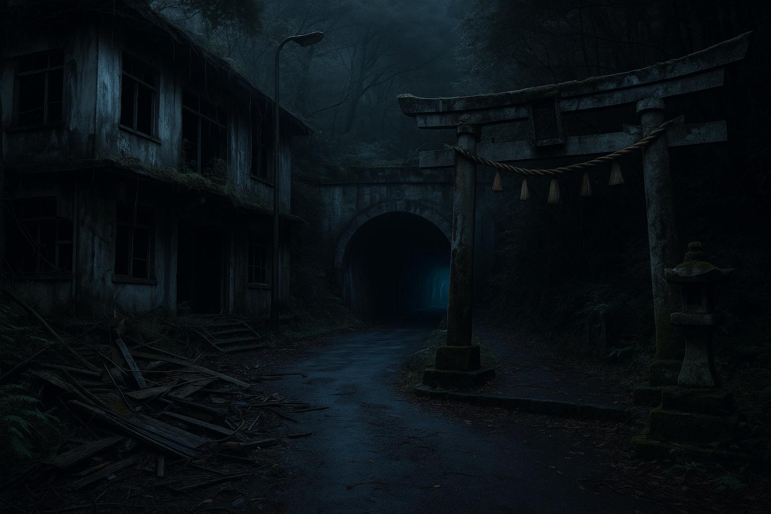 京都の心霊スポット、廃墟と鳥居、トンネルが並ぶ夜の不気味な風景