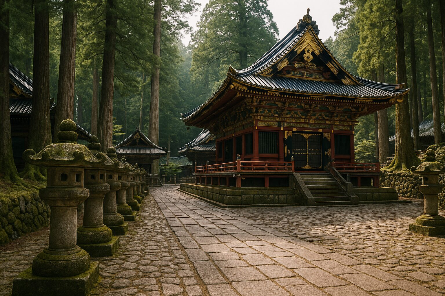 世界遺産・日光の社殿と参道の石畳が広がる荘厳な風景