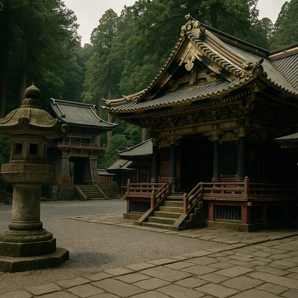 栃木県日光の歴史的建造物と杉木立に囲まれた神秘的な風景