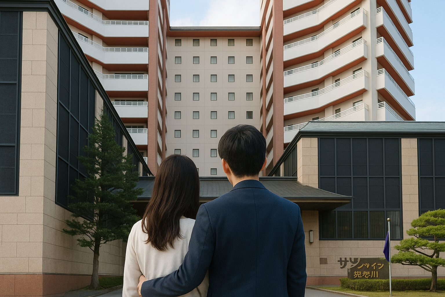 ホテルサンシャイン鬼怒川の外観を見上げるカップルの後ろ姿
