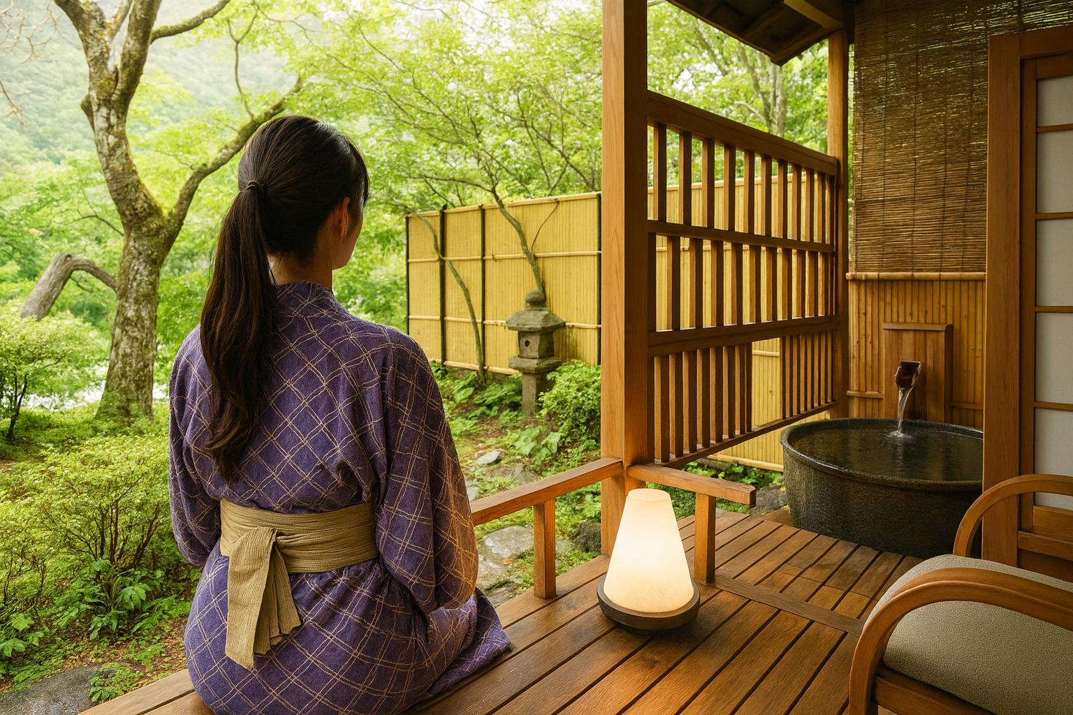 花の宿松やでの旅館の露天風呂付き客室で浴衣姿の女性の後ろ姿